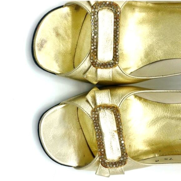 Stuart Weitzman Embellished Open-Toe Golden Heels Size 7.5 - Picture 5 of 8